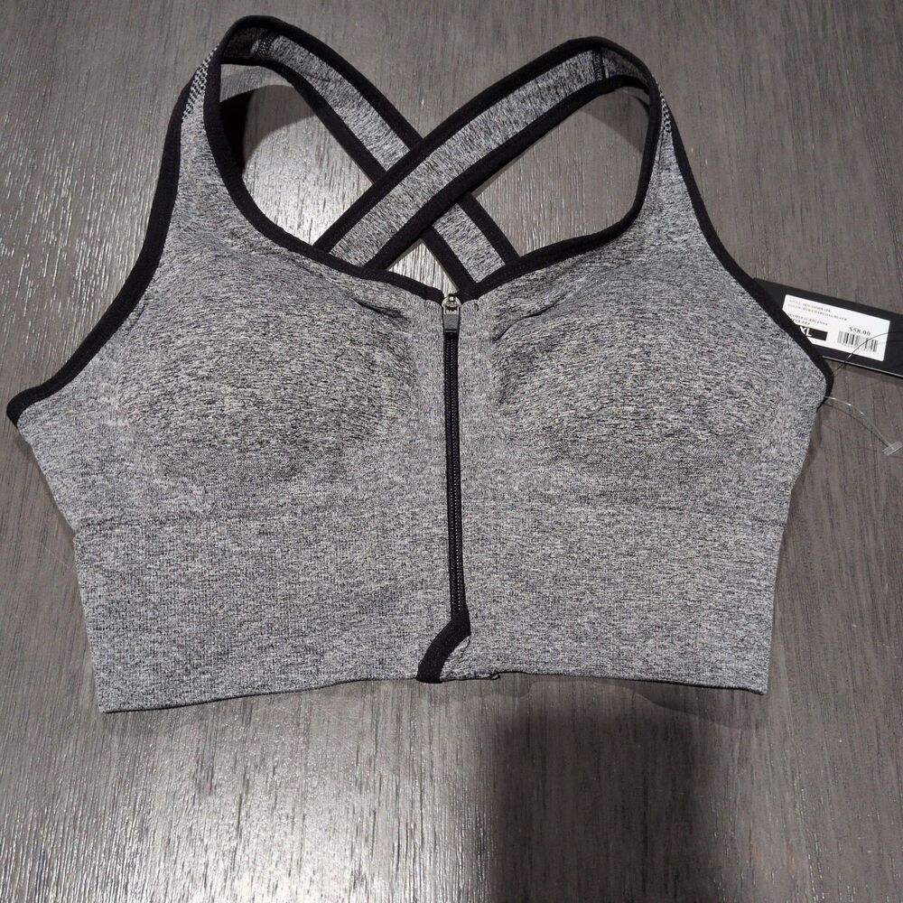 NWT VINA Seamless Front-Zip Sports Bra Gray Space Dye Strappy Back Size XL